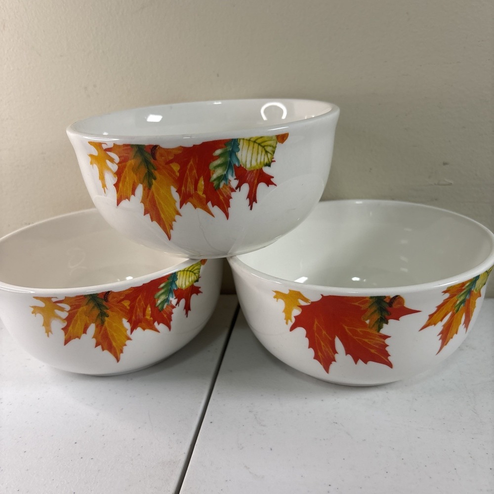Royal Norfolk Autumn Leaves Soup Cereal Bowls 6" Set of 3 White Orange Leaf EUC